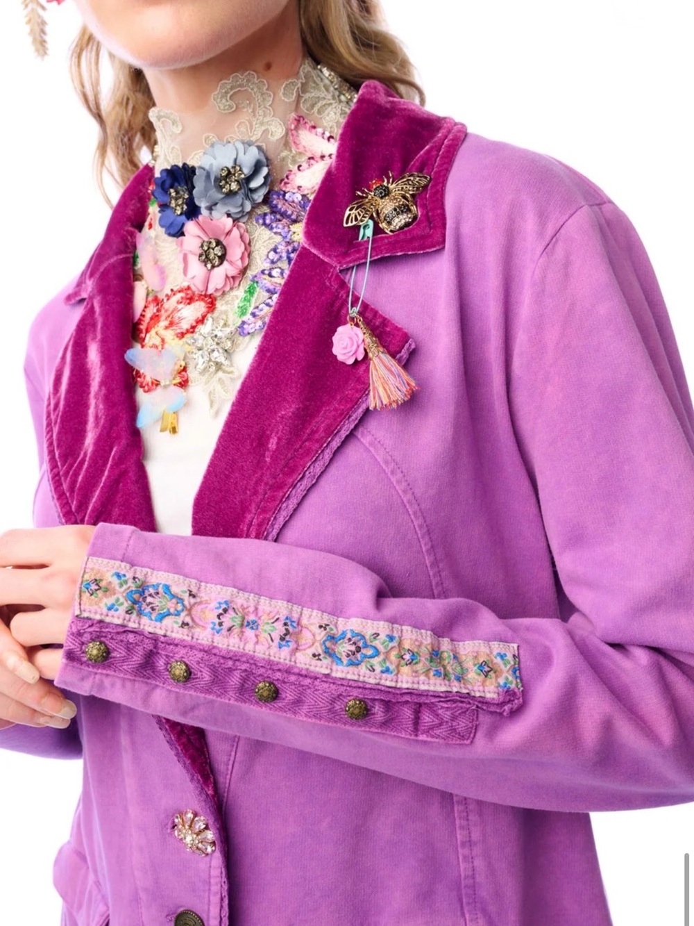 Aratta Colonel Velvet-Trim Blazer Jacket in Violet #boho #cottagecore #tailored - Picture 7 of 8